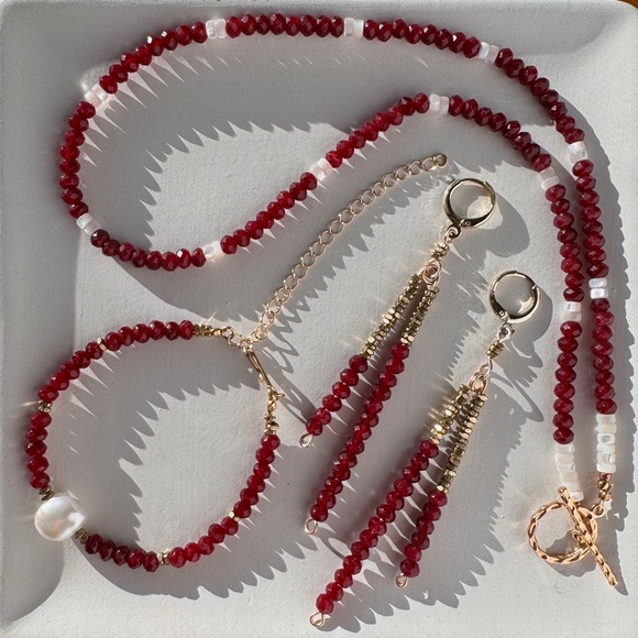 Garnet Dangle Earrings, Gold over 925, Valentines Day, January Birthstone - Picture 3 of 3